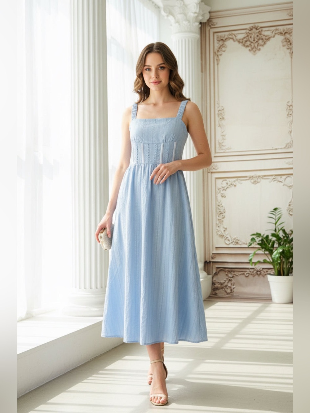 Sleeveless Square-Neck Midi Dress in Light Blue